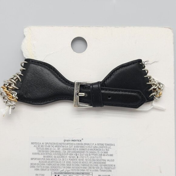 Zara Gold Silver Multi-Chain Heavy Black Faux Leather Belt NWTs READ ME - Picture 6 of 7